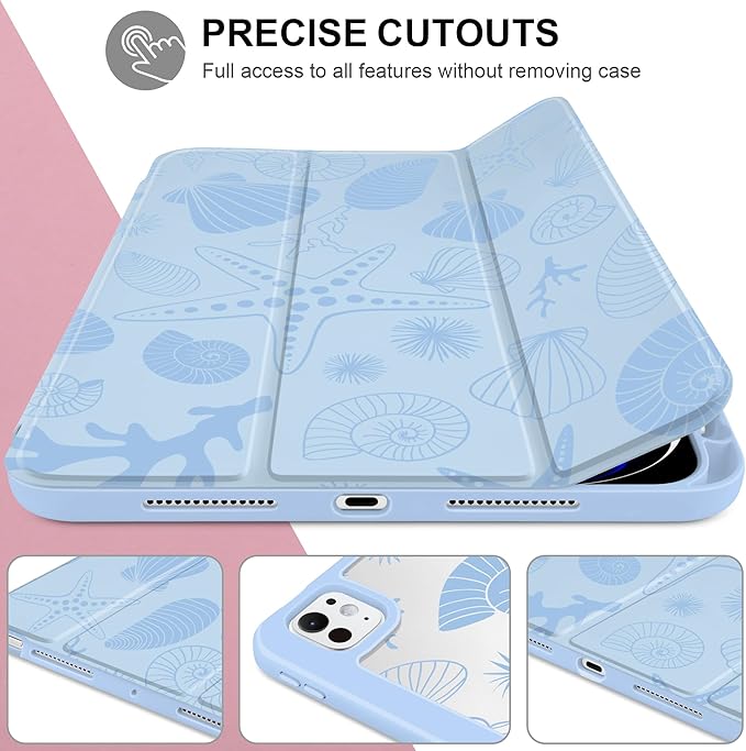 Case for iPad Pro 13 inch (M5) 2025 (M4) 2024 Release Slim Lightweight Cute Light Blue Cover with Clear Back TPU Edge Pencil Holder Trifold Stand Starfish and Shells