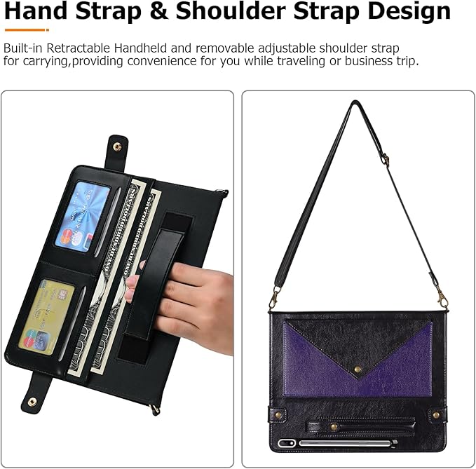 Dteck Case for Galaxy Tab S10 Plus/S9 FE Plus/S9+/S8+/S7 FE/S7+ 12.4Business PU Leather Fold Stand Protective Cover with S Pen Holder Shoulder Hand Strap Card Slots Bag Wallet CoverPurple/Black