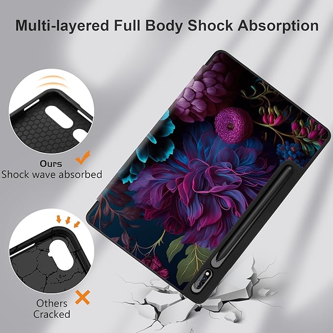 MEEgoodo Case for Samsung Galaxy Tab S9/S9 FE 11 inch Cover 2023 with Pen Holder Protective Tablet Cover with Folding Stand + Soft TPU Back Shell + Smart Auto Wake/Sleep Beautiful Fantasy Flower
