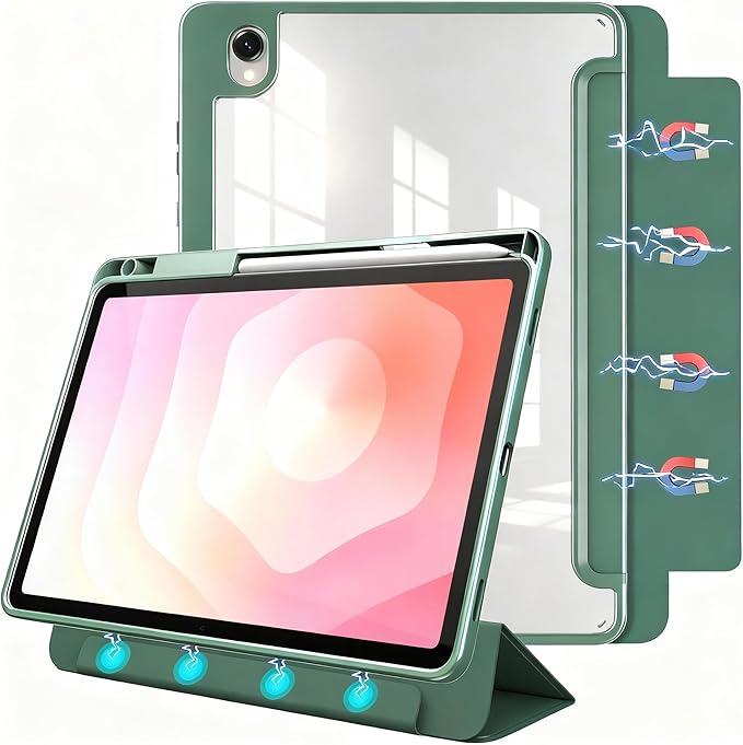 for Samsung Galaxy Tab S11 Tablet CaseMagnetic Split Acrylic Case– with Pen SlotPU Leather Material Detachable StandSlim Protective Cover for S11ShockproofLightweight[Dark Green]