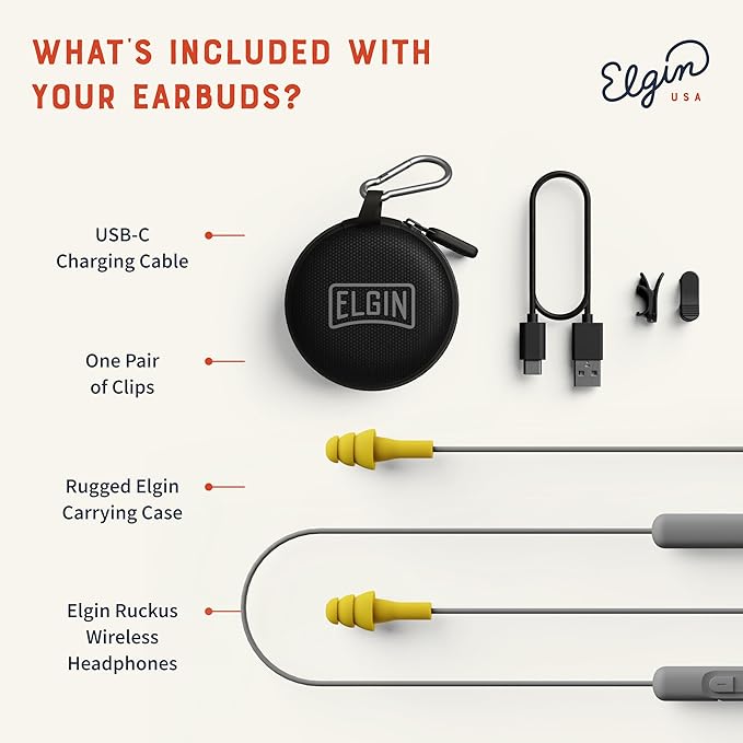Elgin Ruckus Wireless Bluetooth Earplug Headphones 25 dB NRR Noise Canceling Mic 12-Hour Battery IP65 Sweatproof Compliant with OSHA Hearing Safety Standards