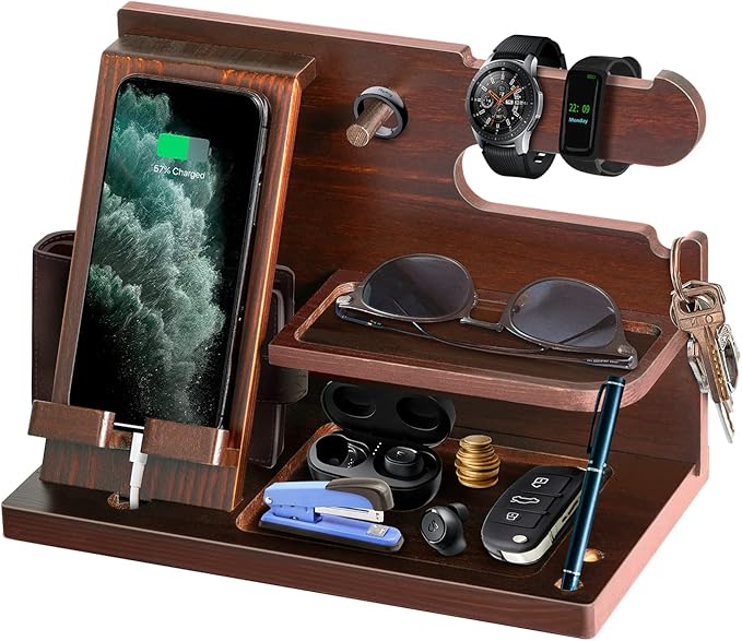 Gifts for Men Wood Phone Docking Station for Mens Gifts for Christmas Husband Anniversary Dad Birthday Gifts for Men or Dad - Nightstand Organizer Purse Father Desk Accessories &amp Workspace Organiz