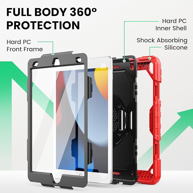 SEYMAC for iPad 9th/8th/7th Generation Case 10.2 2021-2019 Full-Body Shockproof Heavy Duty Protective Case with Screen Protector 360° Rotating Stand/Handle/Shoulder Strap for iPad 10.2 Inch Red