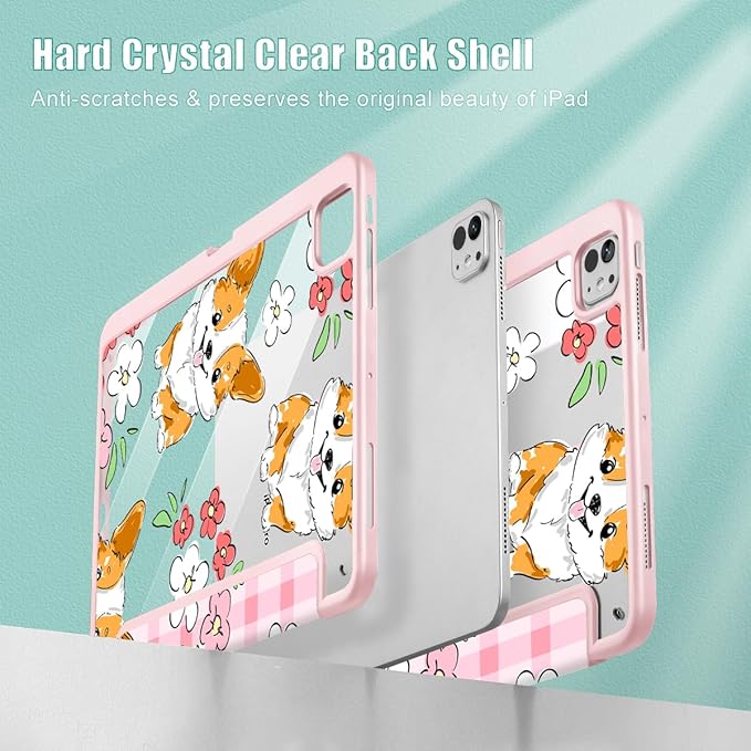May Chen Case for iPad Pro 11-Inch M5/M4 2025/2024 (6th/5th Generation) [Penceil Holder] Trifold Stand Auto Wake/Sleep Clear TPU Protection Back Cover Corgi Dog Stripes
