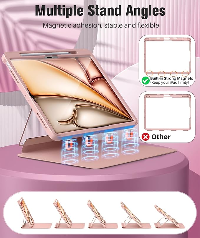MoKo for iPad Air 13-Inch Case (M4/M3/M2) 2026/2025/2024 with Pencil Holder Heavy Duty 13 Inch iPad Air Case with Screen Protector Clear Back Lens Protector Multi-Angle Magnetic Stand Rose Gold