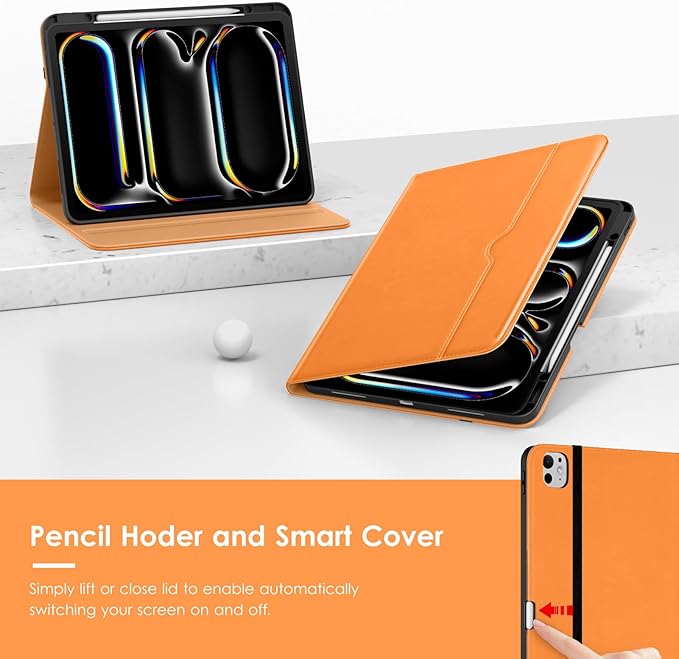 VIKESI Case for iPad Pro 13 (M4) 2024 Leather Stand Cover with Apple Pencil Holder Auto Wake/Sleep Multiple Viewing Angles Built in Hand Strap &amp Pocket Orange