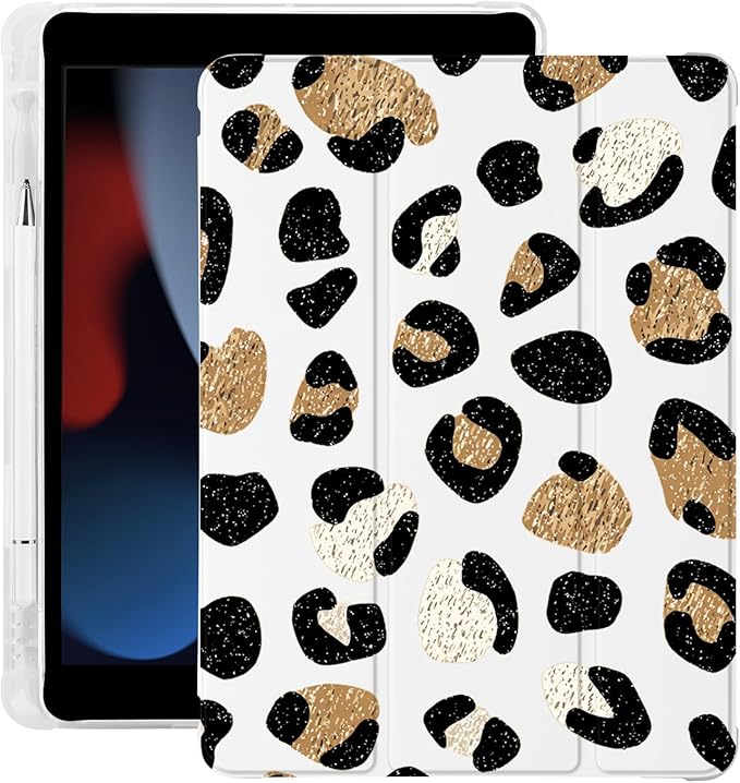 Cute Leopard Print for iPad Air 13 Inch Case M3 2025/M2 2024 with Pencil Holder Auto Sleep/Wake White Leather Soft TPU Back Cover