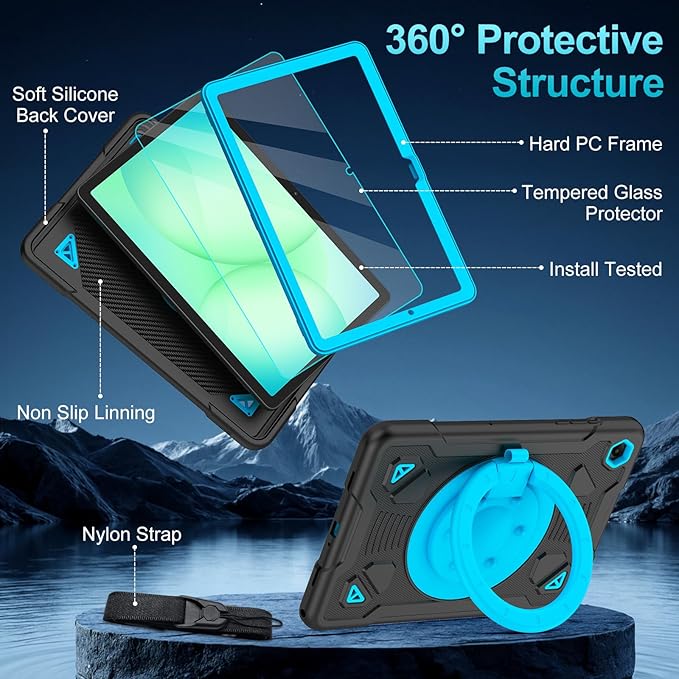 Case for Samsung Galaxy Tab A11+ Plus/ A9+ 11 inch 2025/2023 with Screen Protector 360°Rotating Stand &amp Shoulder Strap Pencil Holderfor Tab A11 Plus / A9 Plus Tablet Case Kids (Black+Blue)