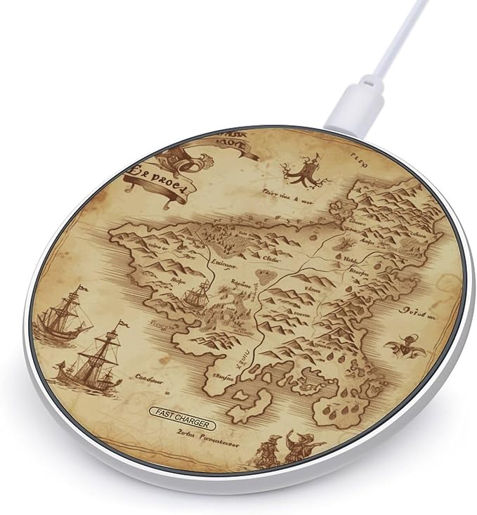 Treasure Map Vintage Wireless Charger Fast Wireless Charging Pad with USB Cable 10W Anti-Slip Magnetic Wireless Charger Portable Slim Charger Puck Travel Charging Station
