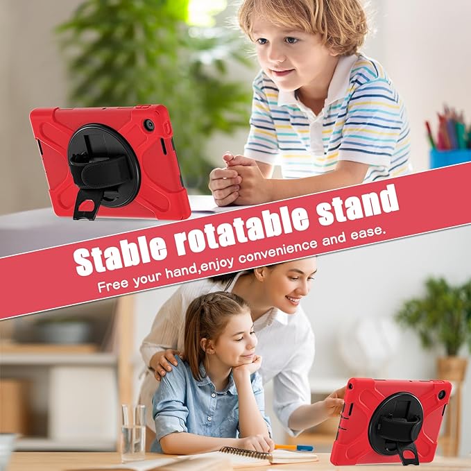 Tablet Case Compatible with Lenovo Tab 10.1(TB-311XU) /K10C TB311FU 2025 Case Protective Heavy Duty Rugged Shockproof Drop Protection Cover Shoulder Strap for Kids Silicone Cover(Red)