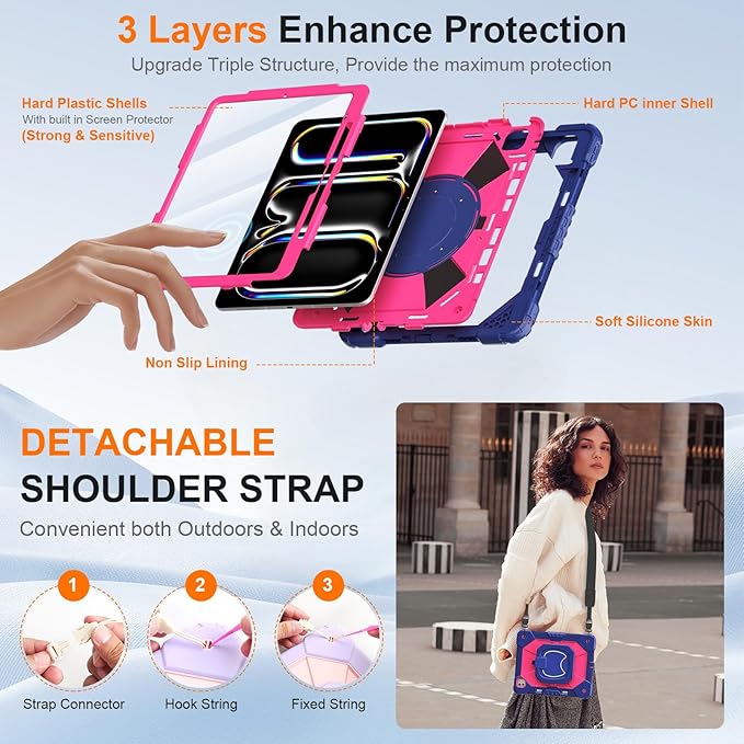 Case for iPad Pro 13 Inch M5 2025 / M4 2024 Auorld for iPad Pro 13 Inch M5 2025 with Screen Protector 360 Degree Rotating Stand Shoulder Strap Pencil Holder Navy Pink