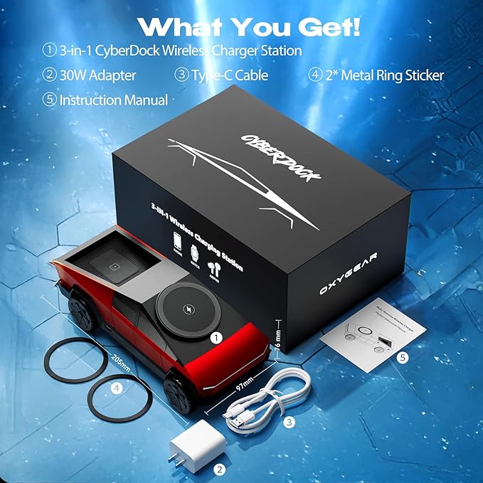 CyberDock 3-in-1 Wireless Charging Station Cybertruck 1:25 Scale Charger with Qi2 Certified 15W Charging for iPhone iWatch AirPods Magnetic Rotating Charger with Ambient Light 30W Adapter Red