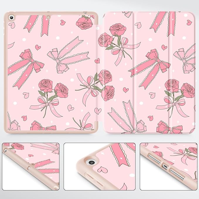 Tuiklol Case for iPad 10.2 Inch 2021 2020 2018 Release 9th / 8th / 7th Generation Built-in Pencil Holder TPU Protective Stand Back Cover Trifold Stand-Auto Wake/Sleep Bow &amp Rose