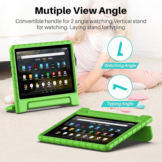 Kids Case for Kindle Fire HD 10 or 10 Plus 13th/11th Generation (2023/2021 Release) Shockproof Lightweight Protective Cover with Portable Handle Stand for Boys Girls Green