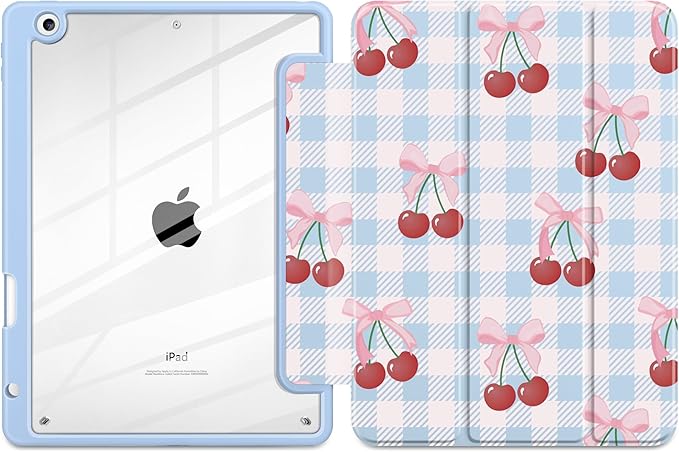 DONGKE for iPad 9th/8th/7th Generation Case 10.2 Inch (2021/2020/2019) [Auto Sleep/Wake &amp Pencil Holder] Clear Acrylic Back Trifold Stand Cover Blue Cherry