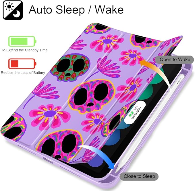 Mektron Printed Case for iPad mini 7 (A17 Pro) 2024/ Mini 6 2021 iPad mini 7th/6th Gen 8.3-inch Liquid Retina Display Cover Buit in Pencil Holder with Clear Back Shell Skull &amp Flowers Purple