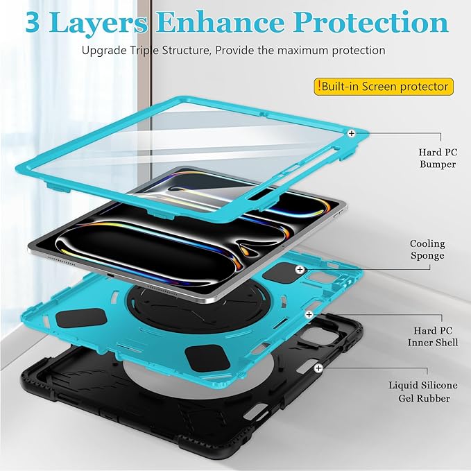 Case for iPad Pro 13 Inch M5 2025/ M4 2024: Military Grade Cover for iPad Pro 13 with Screen Protector - Stand - Handle - Shoulder Strap - Pencil Holder- Mint Green