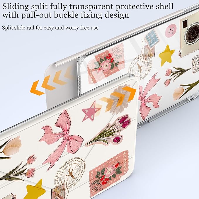 Cute Stamp Flower Bow for iPad (A16) 11th/10th Generation Case 11 Inch/10.9 Inch 2025/2022 with Pencil Holder Auto Sleep/Wake White Leather Acrylic Back Detachable Cover