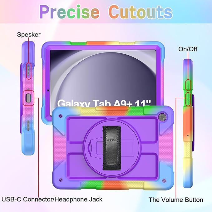 AVAWO Case for Samsung Galaxy A9+ Plus 11 inch 2023 with 360° Swivel Handle Strap Cover with Lanyard Colorful Purple