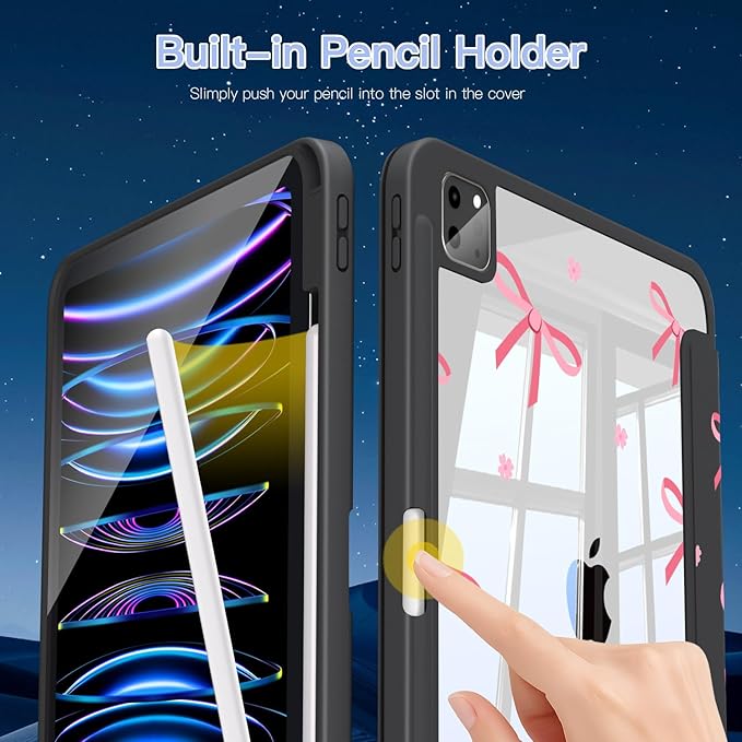 Teryeefi for iPad Air 11-Inch Case M3 (2025) / M2 (2024) iPad Air 4th/5th 10.9 Inch iPad Pro 11 4th/3rd/2nd/1st Generation - Clear Back Cover with Pencil Holder Auto Wake/Sleep (Black Bows)