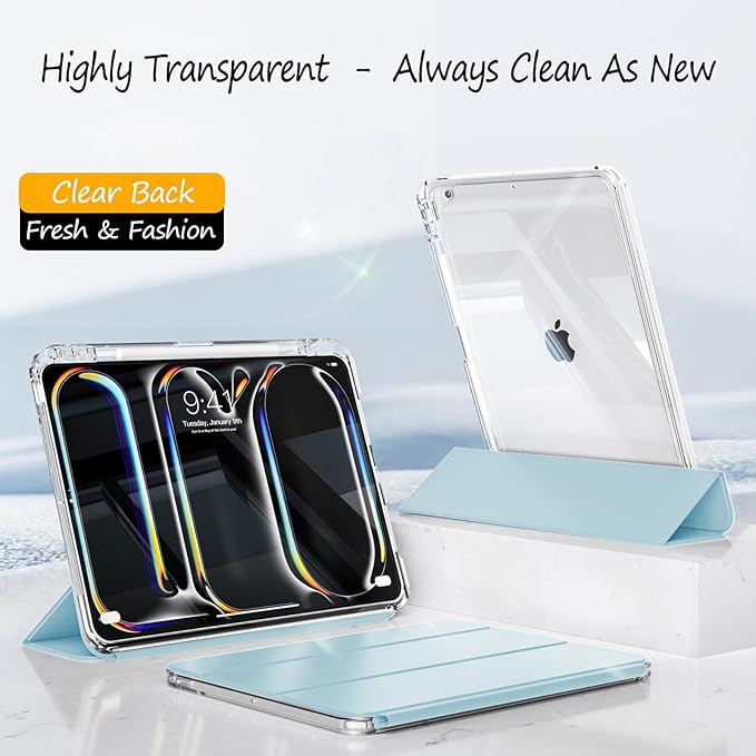 Slim Case for iPad 9th/8th/7th Generation 2021/2020/2019 (10.2 inch) Leather Case with Pencil Holder Slide Detachable Magnetic Trifold Stand Shockproof Protective Cute Clear Back Cover (Light Blue)