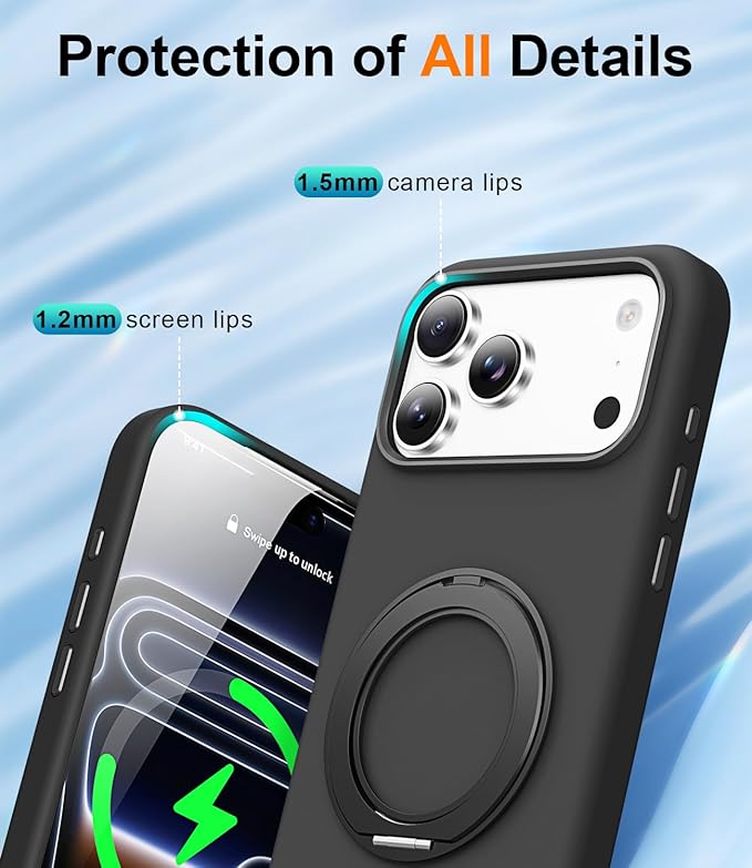 STERKER 360° Rotatable Stand Compatible with iPhone 17 Pro Case with Magnetic [Military Grade Drop Tested][Adjustable Kickstand] Ring Holder Silicone Slim Back Soft Edge Black