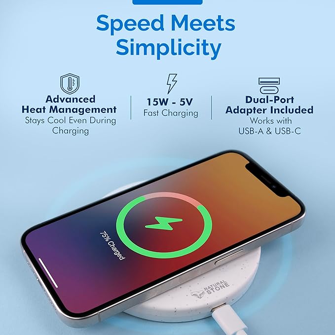 15W Fast Wireless Charger – Stone Wireless Charging Pad w/ 20W USB-C Adapter LED Indicator Overheat &amp Short Circuit Protection