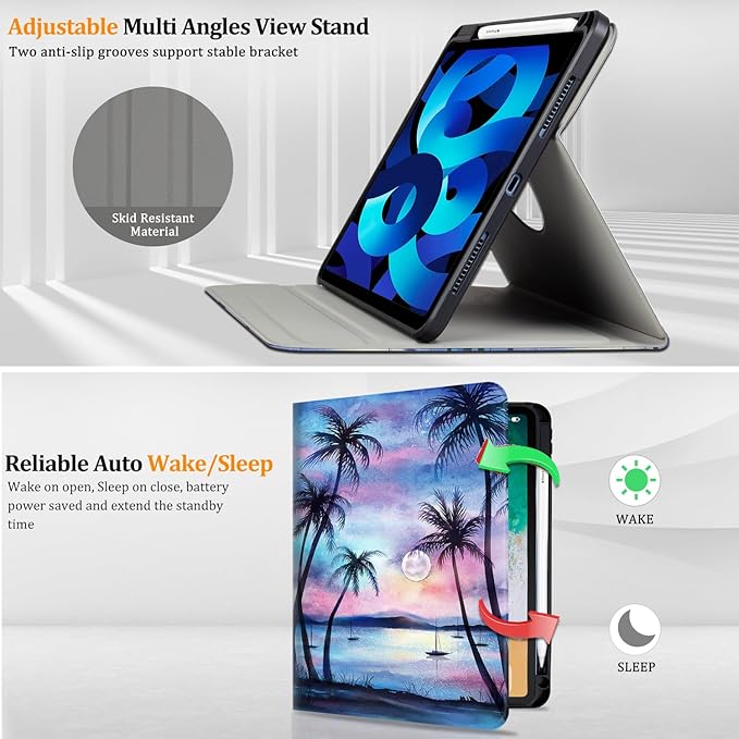 Lokigo Rotating Case for iPad Air 11 M4/M3/M2 (2026/2025/2024) iPad Air 5th/4th Gen (2022/2020) 10.9“ iPad Pro 11” (4th/3rd/2nd/1st) 360 Degree Stand Cover with Pencil Holder Purple Coconut Tree