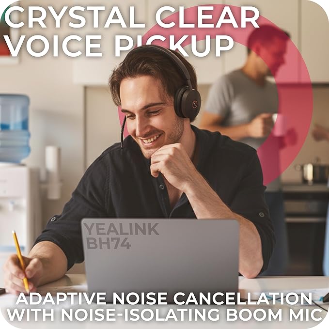 BH74 Yealink Headset Bluetooth Wireless with Headphone Charging Stand Compatible with Teams Zoom Webex Meet Video Calls Acoustic Shield Mic &amp Hybrid ANC Long Battery Ideal for Office &amp