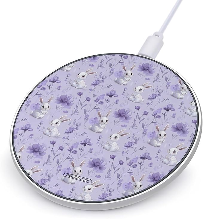 Cute Bunny Floral Wireless Charger Anti-Slip Wireless Charging Pad Slim Charger Mat for Men Women
