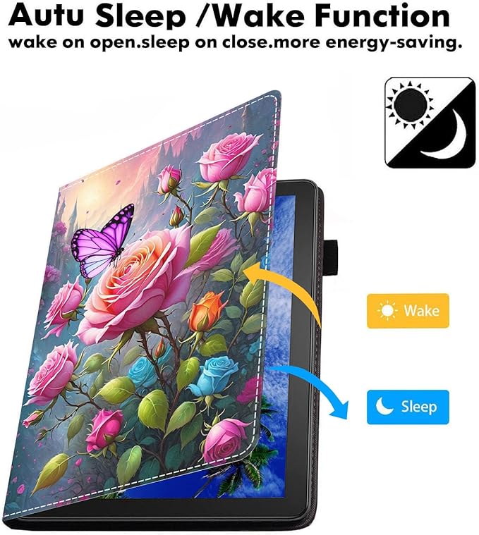 Case for Amazon Fire HD 10/HD 10 Plus Tablet 10.1 (13th/11th Generation 2023/2021 Release) Slim PU Leather Cover with Card Slot &amp Auto Wake/Sleep Flower Butterfly
