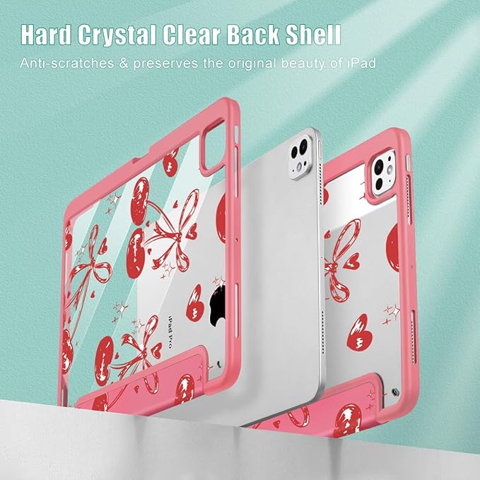 Mektron Case for M5/ M4 iPad Pro 11 inch 2025/2024 with Pencil Holder Compatible Models: A3357/A3358/A3359/A2836/A2837/A3006 Shockproof Cover Clear Shell Cherries Bows C388