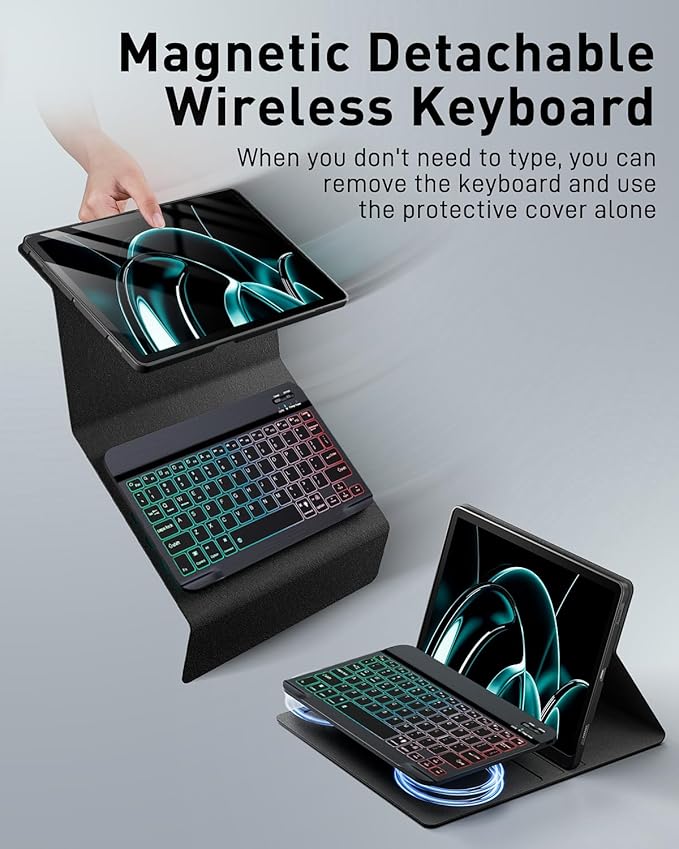 for Amazon Fire Max 11 Case with Keyboard (13th Generation 11 inch) - Rainbow Backlit Keyboard Case - Built in Pencil Holder with Mouse - Black