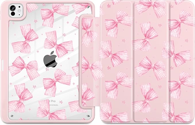 DONGKE for iPad Pro 11-Inch Case (M5 2025 / M4 2024) 6th/5th Generation [Auto Sleep/Wake &amp Pencil Pro Holder] Clear Acrylic Back Smart Trifold Stand Cover Gingham Bows