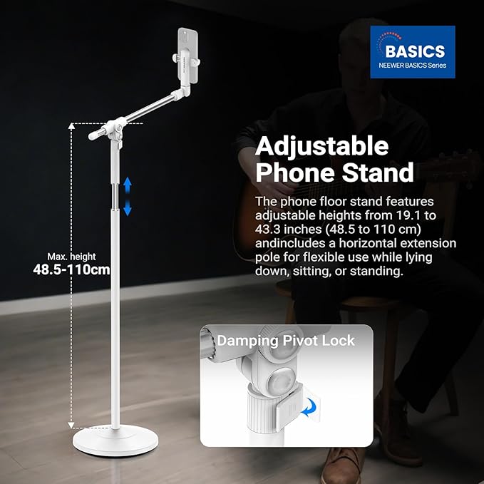 NEEWER Basics Phone Floor Stand with Horizontal Extension Arm Adjustable Cell Phone Holder Clamp Mount Compatible with iPhone Samsung for Video Recording Bed Lying Down Weighted Base ST009 White