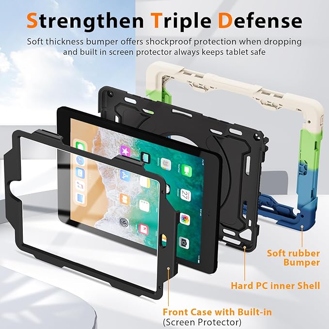ROISKIN iPad 6th 5th Generation Case 9.7 Inch Pro 9.7 Air 2 with 360 Kickstand Hand Strap [Screen Protector 15ft Drop Protection]Heavy Duty Air 2 /Pro 9.7 / iPad 6th 5th Gen Case for Kids Women Men