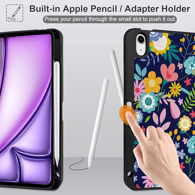 DONGKE for iPad Air 11 Inch Case M4 2026 / M3 2025 / M2 2024 &amp iPad Air 5th 2022 / 4th Gen 2020 10.9 Inch Ultra Thin Soft TPU Back Cover with Pencil Holder Support Auto Wake/Sleep Floral Navy