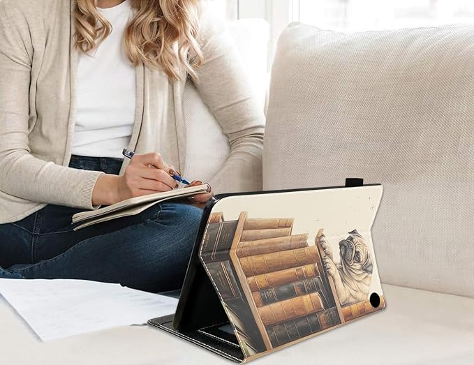 Case for All-New Amazon Fire HD 10 &amp 10 Plus Tablet 10.1 (13th/11th Generation 2023/2021 Release) Slim PU Leather Stand Cover with Card Slot &amp Auto Wake/Sleep Pug on Bookshelf