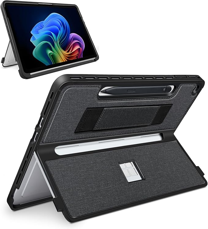 Protective Case for Microsoft Surface Pro 12 inch 2025 | Fall-Resistant Cover with Hand Strap | Compatible with Built-in Kickstand &amp Magnetic Slim Pen Storage &amp Type Cover Keyboard | Black