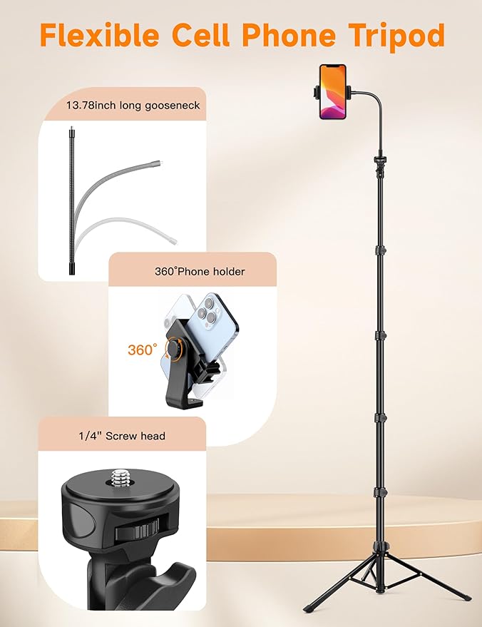 Phone Tripod 86 Tall Tripod for iPhone with Flexible Gooseneck &amp Remote Portable Aluminum Cellphone Stand for Selfies Video RecordingTravel Compatible with iPhone Android