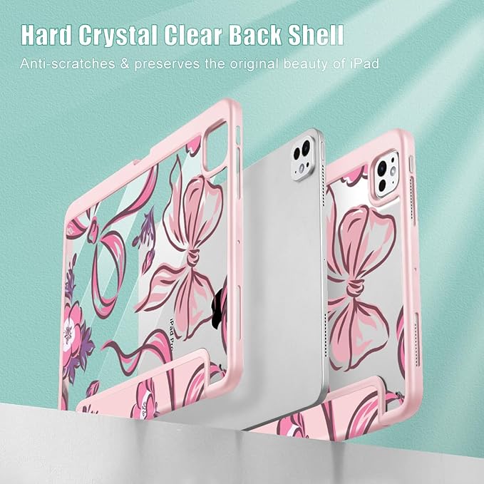Mektron Case for M5/ M4 iPad Pro 11 inch 2025/2024 with Pencil Holder Compatible Models: A3357/A3358/A3359/A2836/A2837/A3006 Shockproof Cover Clear Shell Flowers-Bows-Pink
