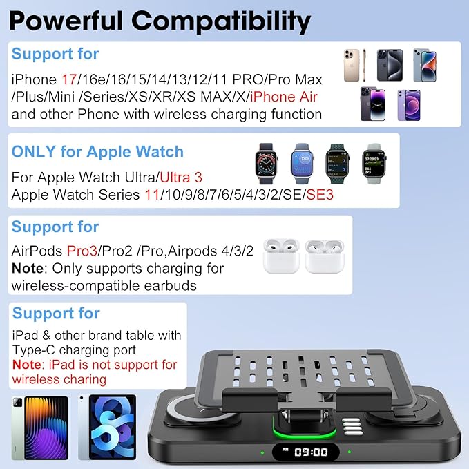 6 in 1 Wireless Charger for Apple Multiple Devices Charging Station with Clock &amp7 Color Ambient Light Foldable Rotate Stand for iPad for iPhone17/16/15 Support for Apple Watch11/10 For AirPods