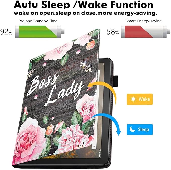 Case for Amazon Kindle Fire HD 10 &amp 10 Plus Tablet 10.1 (13th/11th Generation 2023/2021 Release) - PU Leather Folio Case with Smart Auto Wake/Sleep Floral Quote Boss Lady