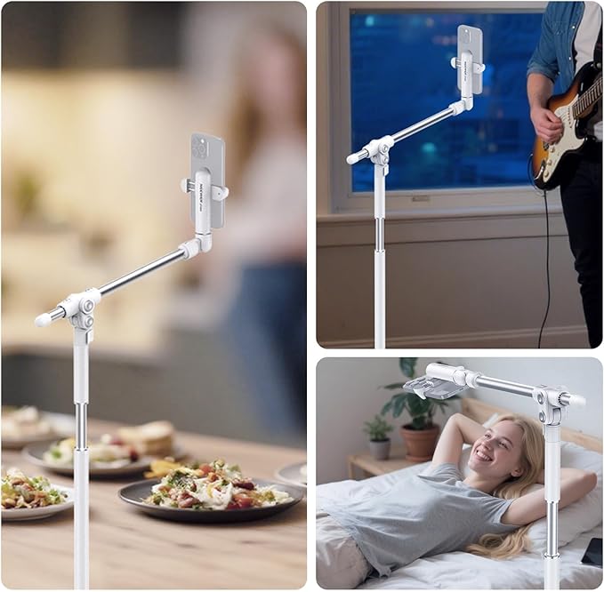 NEEWER Basics Phone Floor Stand with Horizontal Extension Arm Adjustable Cell Phone Holder Clamp Mount Compatible with iPhone Samsung for Video Recording Bed Lying Down Weighted Base ST009 White