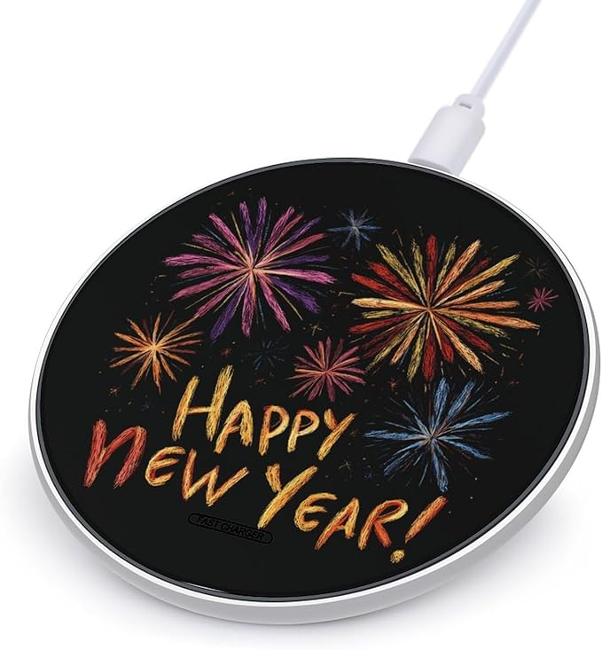 Happy New Year Fireworks Fast Portable Charger 10W Funny Graphic Phone Charging Pad with USB Cable