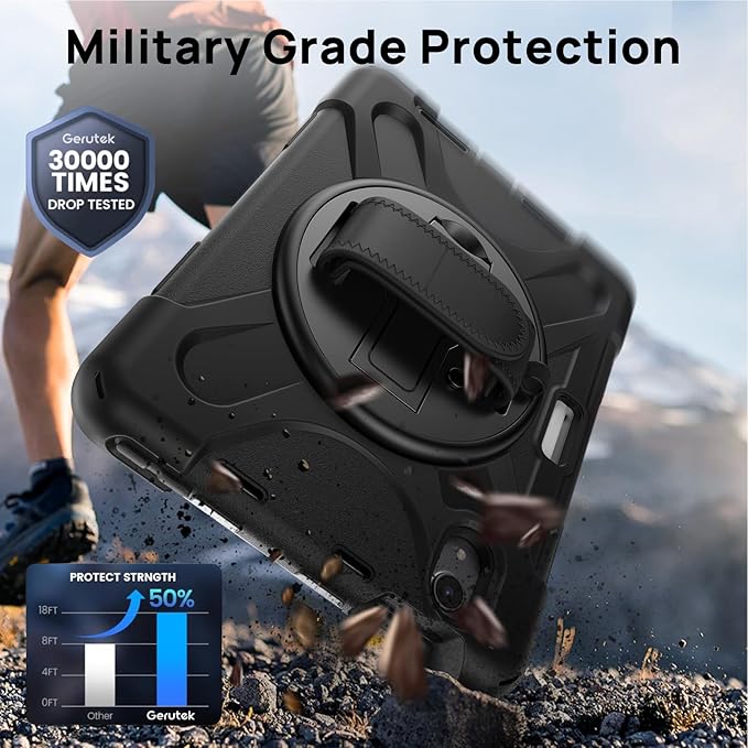 Gerutek Case for iPad mini 7 (A17 Pro) 2024/Mini 6 2021 8.3 inch Shockproof Cover for iPad mini 7/6th Generation with Screen Protector 360° Rotating Stand Hand/Shoulder Strap Pencil Holder Black