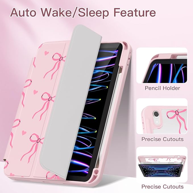 Teryeefi Case for iPad (A16) 11th Generation 11 inch (2025) &amp iPad 10th Generation 10.9 inch (2022) with Pencil Holder-[Auto Wake/Sleep] Premium Stand Case with Clear Back Cover Bow Pink P032