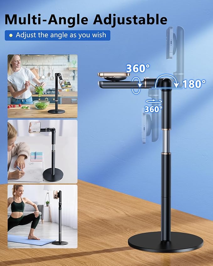 Angle Height Adjustable Magnetic Phone Stand for Desk [10-25] - Retractable Cell Phone Holder for Video Recording Cooking Excising Working -Aluminum iPhone 17 16 15 14 Pro Max Air Stand