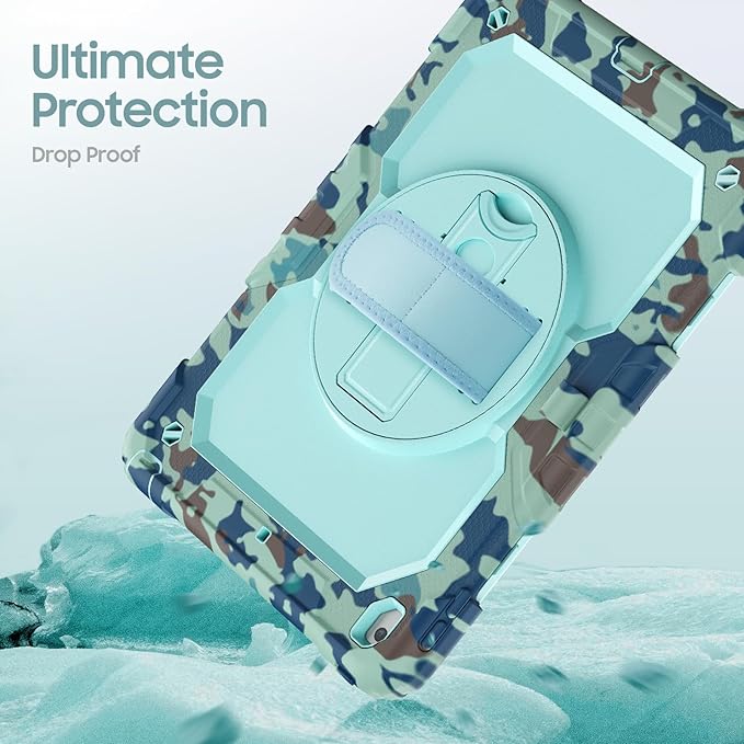 Case for iPad 9th/ 8th/ 7th Generation 10.2'' Shockproof 360° Rotating Hand Strap &amp Kickstand Protective Cover with Screen Pencil Holder for iPad 10.2 inch 2021-2019 Camo Blue