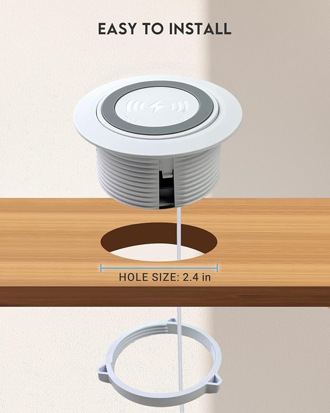 Desktop Wireless Charger Pop Up 15W Fast Retractable Desktop Charger Invisible Charging Station with USB A and Type C Ports Recessed Desktop Charging for Desk Furniture - White